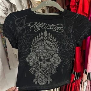 Affliction Black Tee with Silver Skull Design